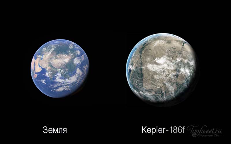 Сравнительные размеры Земли и планеты Kepler-186f
